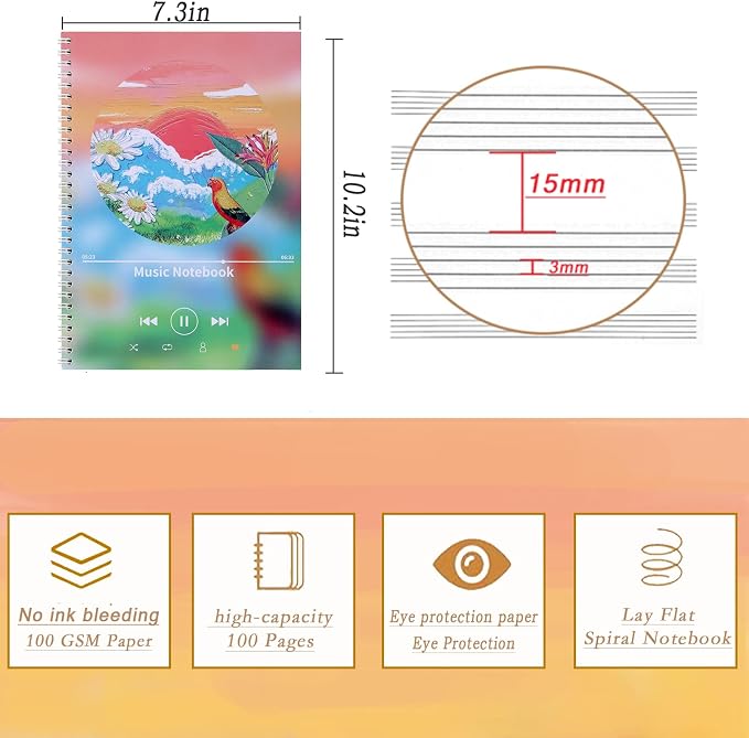MUDOR Spiral-Bound Blank Sheet Music Notebook, 100 Pages Wide Staff Manuscript - Image 4