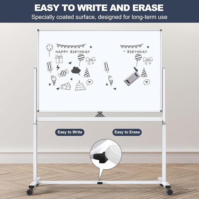 White Board on Wheels, 48 x 32 Inches Height-Adjustable Large Rolling Whiteboard - Image 5