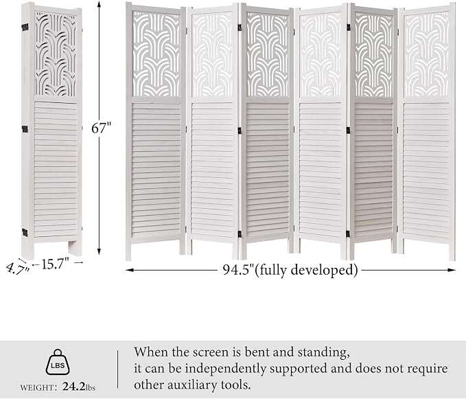 Svimi Folding Room Divider, 66.9 Inch 6 Panels Wood Carved Privacy Screens - Image 6