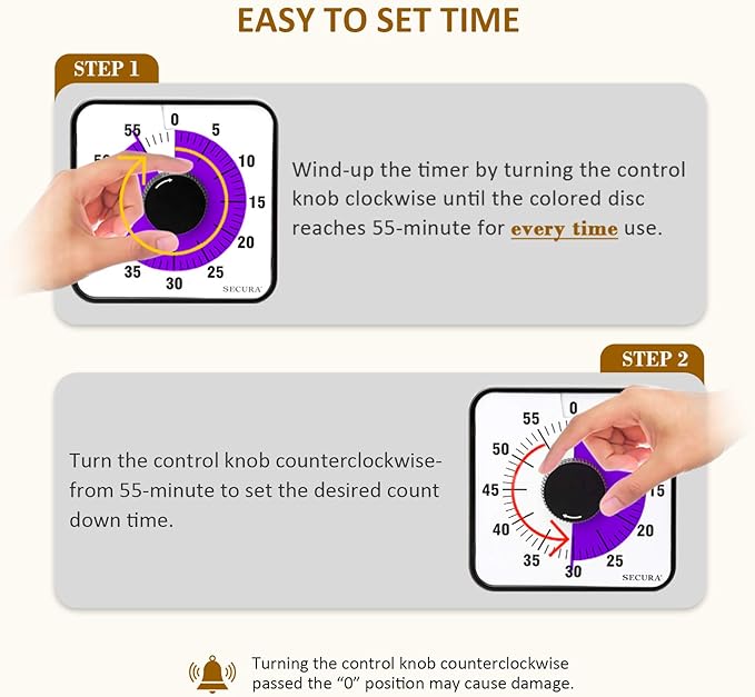 Secura 60-Minute Visual Countdown Timer, 7.5-Inch Oversize Classroom Visual - Image 2
