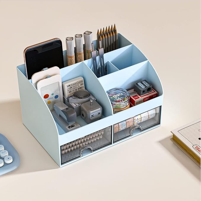 Desk Organizer with 6 Compartments and 2 Drawers, Plastic Makeup Organizer - Image 5