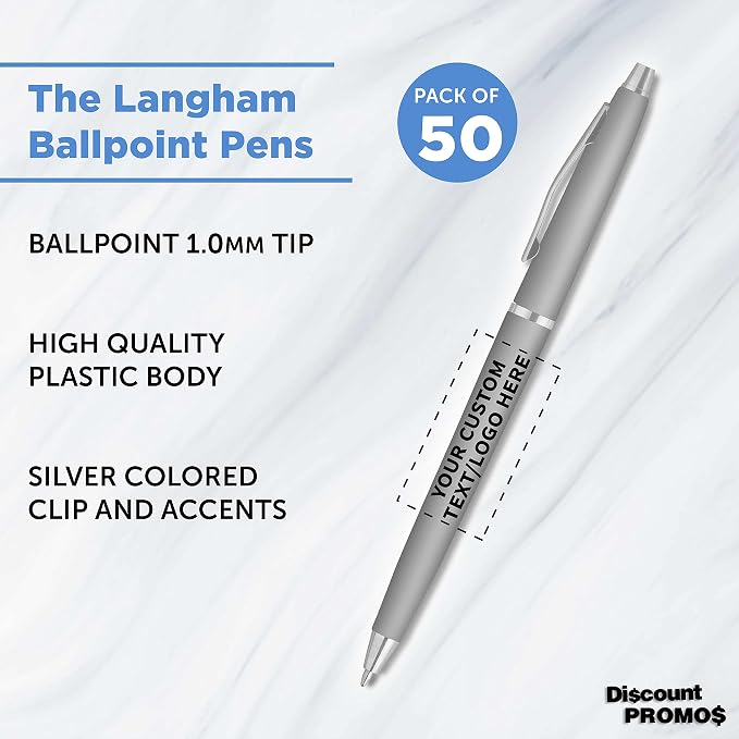 DISCOUNT PROMOS Custom Langham Ballpoint Pens Set of 50, Personalized Bulk Pack - Image 3