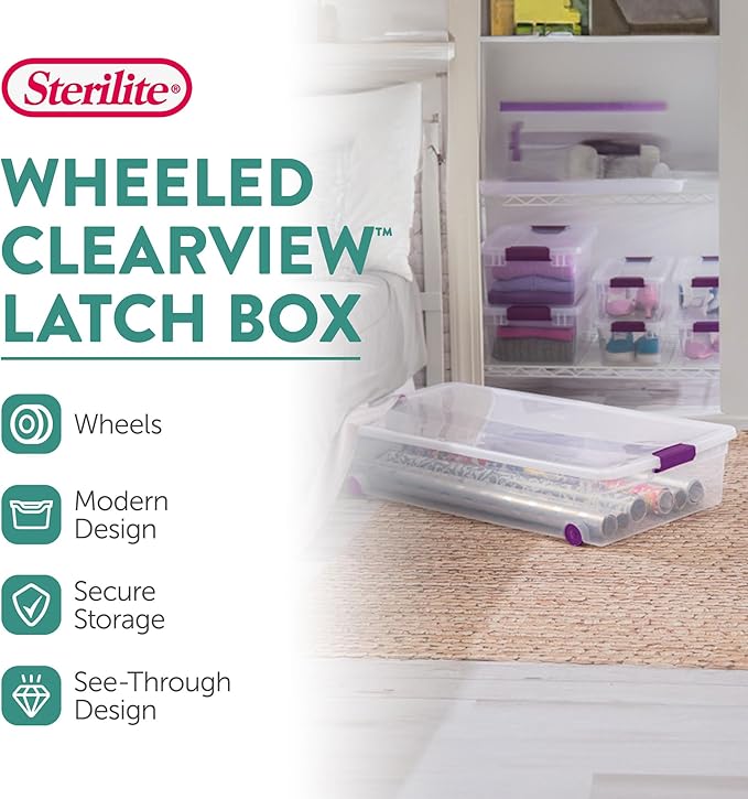 Sterilite 16-Pack 60 Quart ClearView Latch Box, Wheeled Underbed Organizer Bins - Image 2