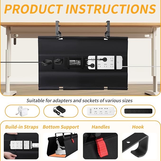 SUREUP9 No Drill Under Desk Cable Management Tray, Fabric Cable Management - Image 5