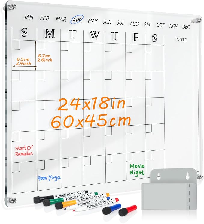 MAKELLO Acrylic Calendar for Wall 24" x 18", 4 Pens, Pen Holder, Wall-Mount by MAKELLO