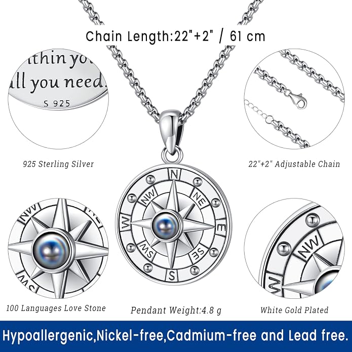 Compass Necklace for Women Men 925 Sterling Silver Pendant Urn Necklaces for - Image 3