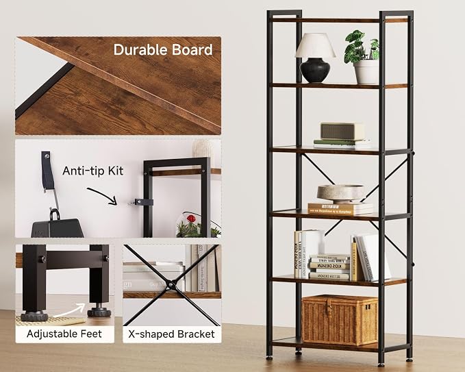 Casaottima Book Shelf, 6 Tier Tall Bookshelf, Modern Wood Bookcase Shelves - Image 4