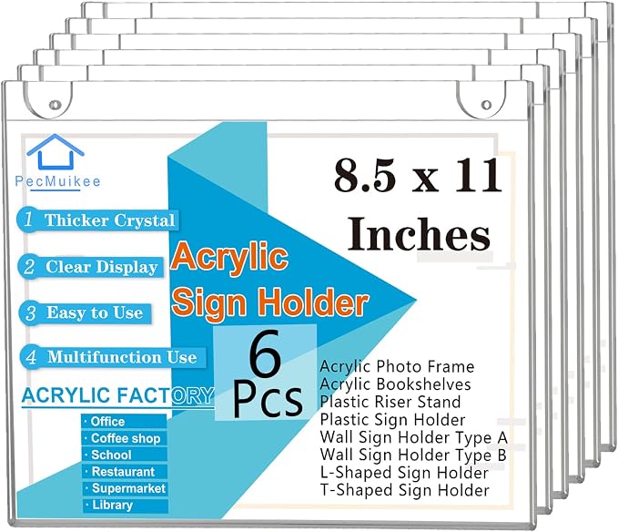 PecMuikee Acrylic Sign Holder 8.5x11 Horizontal, Wall Mount Acrylic Sign Holder by PecMuikee