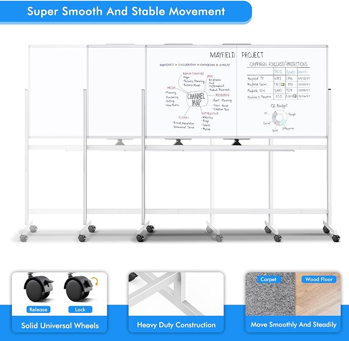 maxtek Rolling Whiteboard, 72x40 Large Double-Sided White Board Dry Erase on - Image 7