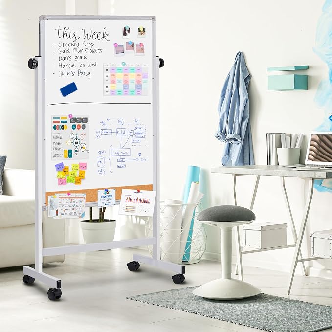maxtek Rolling White Board, 44x28 Inches Magnetic Cork Board Combo, Portable - Image 7