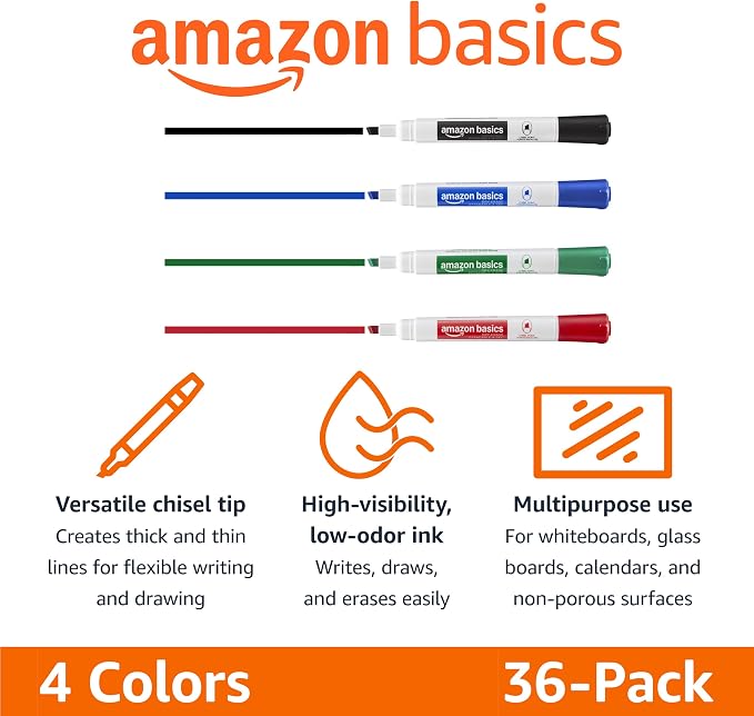 Amazon Basics Low-Odor Dry Erase Whiteboard Markers, Chisel Tip, 4 Assorted - Image 2
