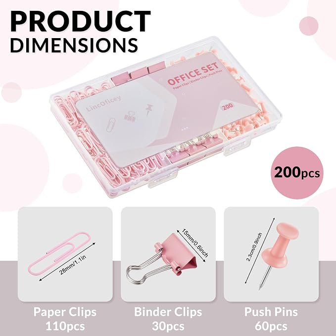 LincOficey 200pcs Paper Clips Binder Clips and Push Pins Set, Mini Clips and - Image 2
