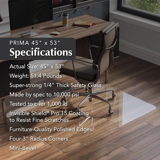 Vitrazza Glass Chair Mat 45” x 53” Superior ¼ Thick, Chiaro Standard Clear - Image 4