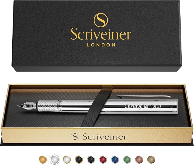 Scriveiner Personalized Silver Chrome Fountain Pen, Award Winning Luxury Pen - Image 9