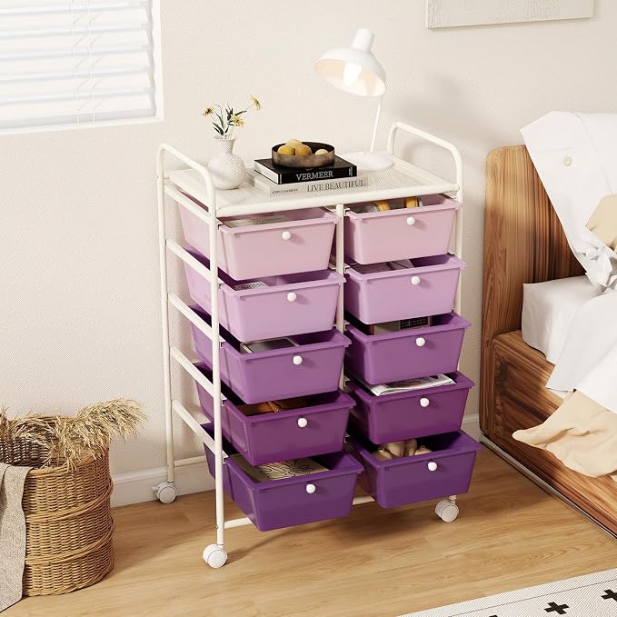 LDAILY 10 Drawer Rolling Cart, Storage Cart Organizer on Wheels, Drawer Cart - Image 2