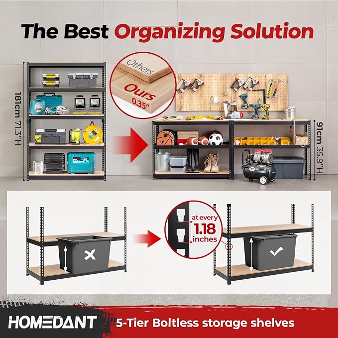HOMEDANT 47.7" W Deep 5 Tier Heavy Duty Garage Shelving Adjustable Metal Rack - Image 3