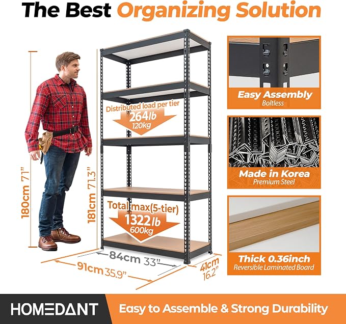 HOMEDANT 35.9" W 5 Tier Heavy Duty Garage Shelving Adjustable Metal Rack - Image 2