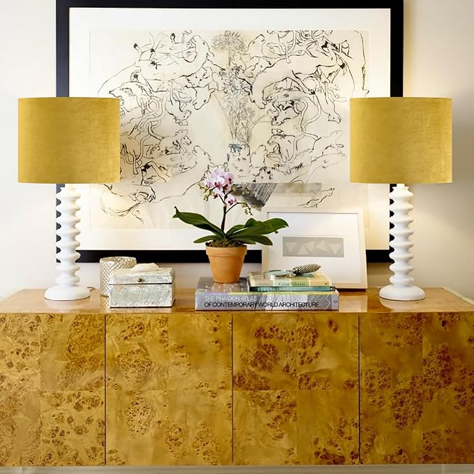 GO&SO Yellow Velvet Drum Lamp Shade Set of 2 Medium 13" Top x 13" Bottom x 10" - Image 7