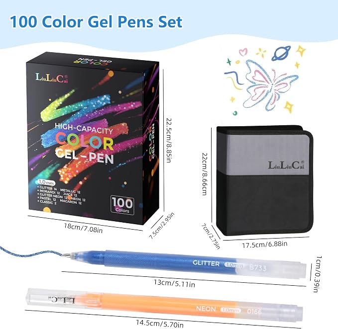 LIULIUCAI Gel Pens for Adult Coloring Book, 100 Colors Large Capacity Metallic - Image 6