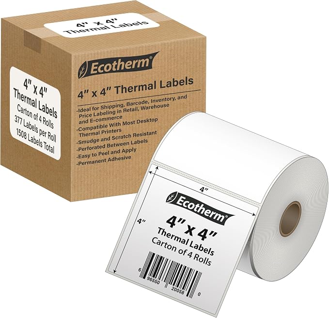 4" x 4" Thermal Labels | 4 Rolls | 1508 Labels | fits Zebra, Offnova Thermal by EcothermProducts
