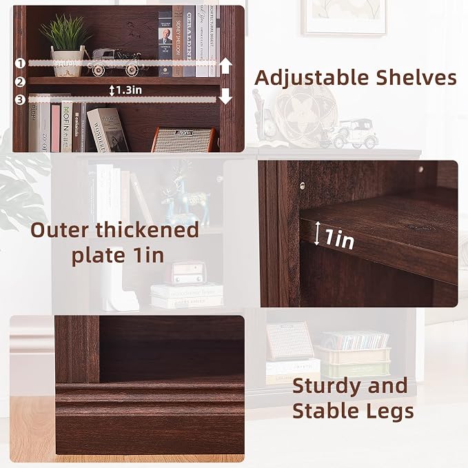 RWYHG 43" Walnut Tall Bookshelf, 3-Tier Thick Wooden Book Shelf - Image 5