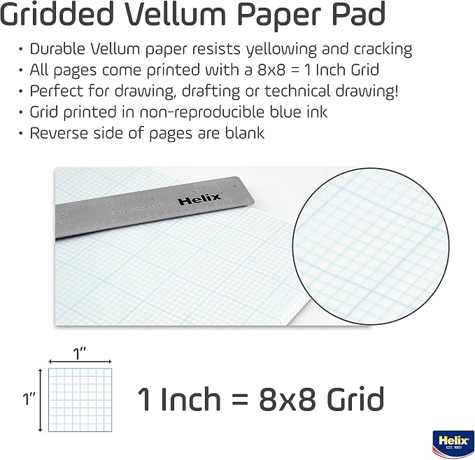Helix - 100% Rag Vellum Paper Pad - 1 Inch Equals 8x8 Grid - 11 Inch x 17 Inch - Image 2