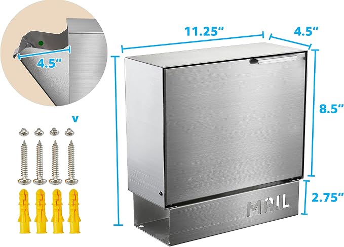 Pochar Stainless Steel Mailbox for Walls, Heavy Duty Wall Mounted Mailbox - Image 3