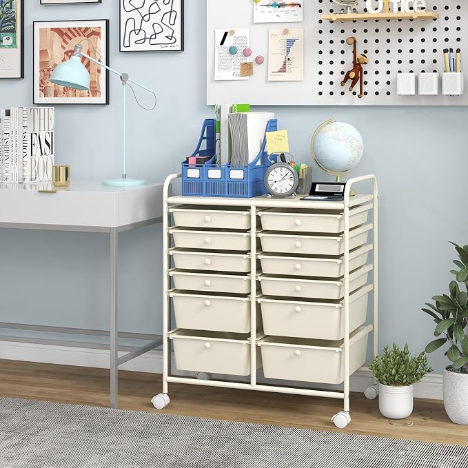 Happygrill 12-Drawer Rolling Storage Cart, 2 Sizes Plastic Drawers & Metal Shelf by HAPPYGRILL