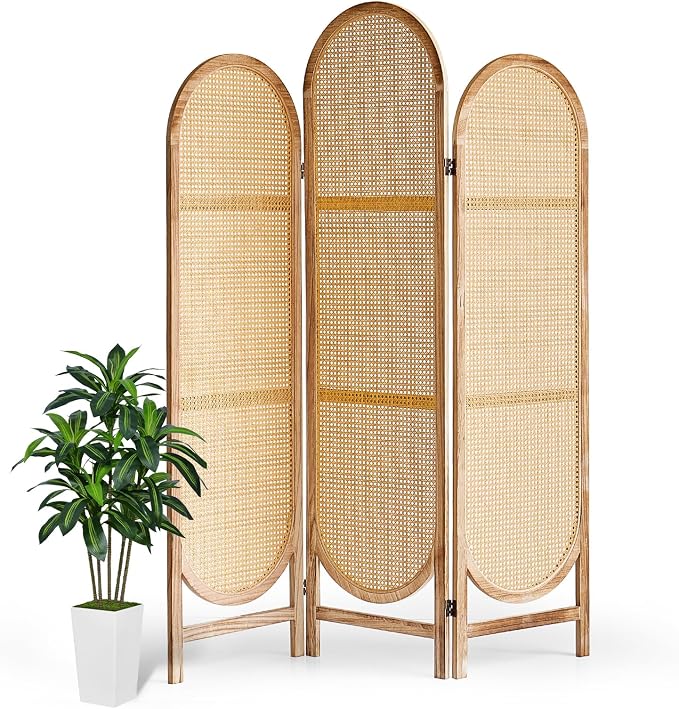 Asnefeli Room Divider 3 Panels, Hand-Woven Rattan Room Divider Wall, Foldable by AsNefeli