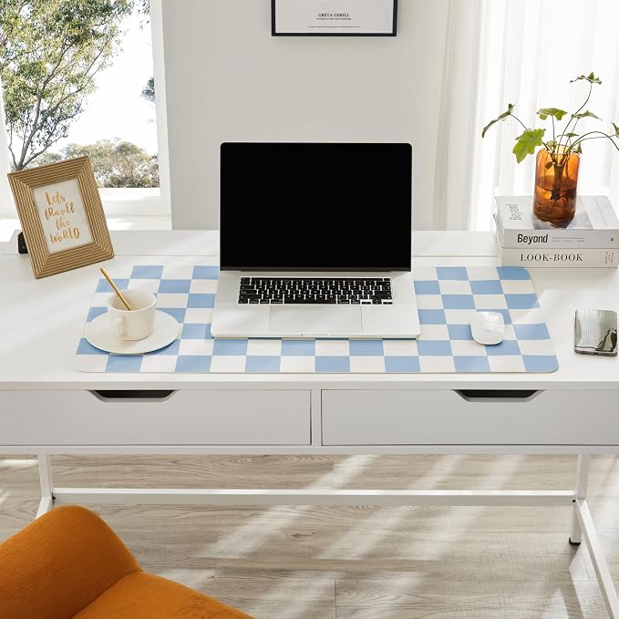 Ohocut Checkered Desk Mat, 31.5" x 15.7" Large Cute Sky Blue Aesthetic Retro - Image 3