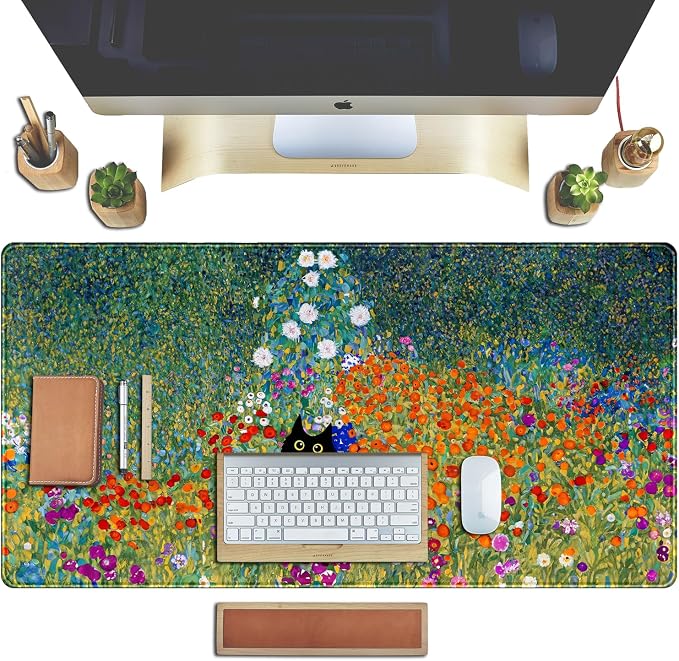Desk Pad Cute Black Cat Oil Painting Art Floret Desk Mat Office Desk Decor - Image 4