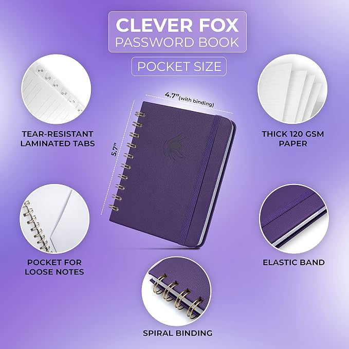 Clever Fox Password Book Spiral – Mini Internet Address & Password Organizer - Image 2