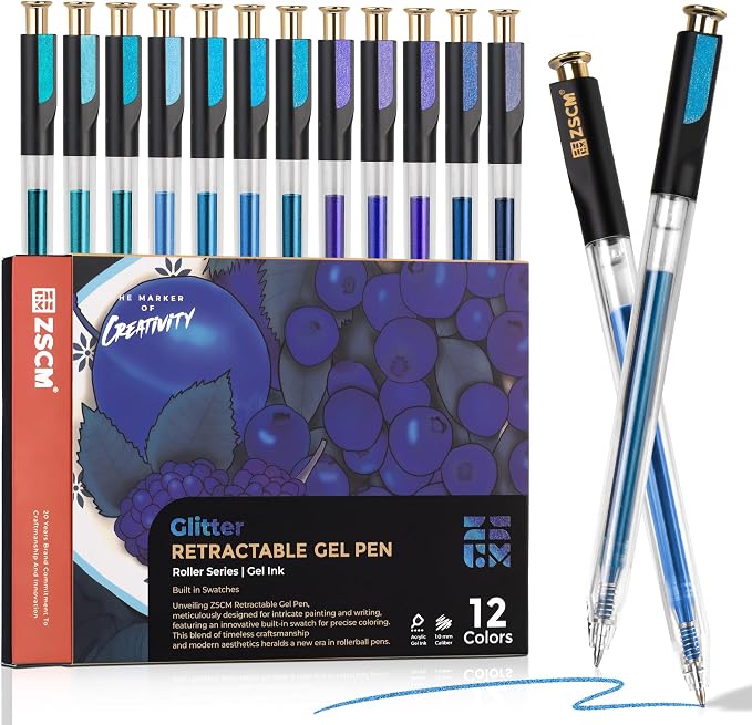 ZSCM Retractable Glitter Gel Pens, 12 Colors Large Capacity Blue Glitter by ZSCM