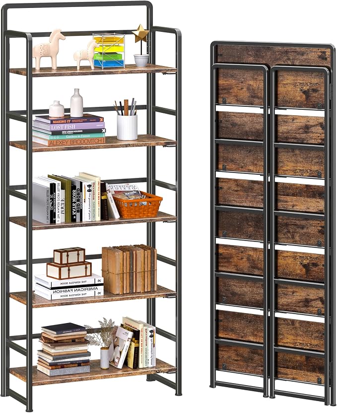 4NM No Assembly 5 Tiers Folding Bookshelf Storage Shelves Vintage Bookcase by 4NM