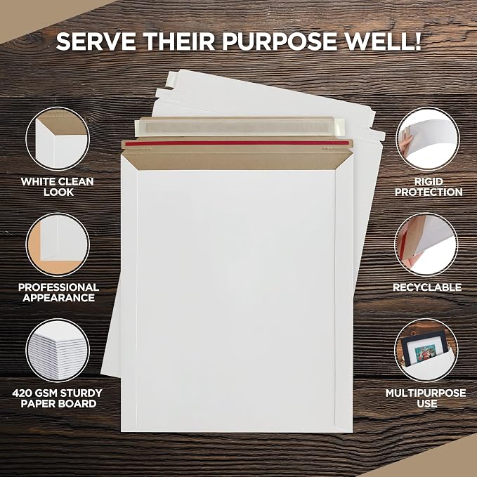 Rigid Mailers 9.25 x 11.75 Inch – 50 Pack White Self Seal Stay Flat Cardboard - Image 3