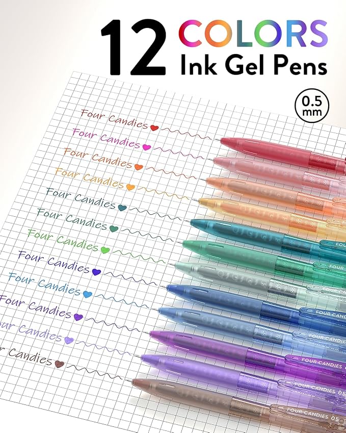 Four Candies 12Pack 0.5mm Quick Dry Retractable Gel Pen Set, Cute Transparent - Image 7