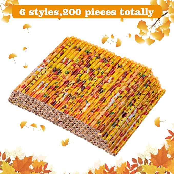 Kolewo4ever 200 Pieces Thanksgiving Pencils Assortment Cylinder Wood Pencil