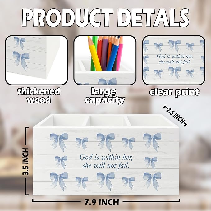 XPH Blue Coquette Bow Christian Pen Pencil Holder Organizer - Image 7