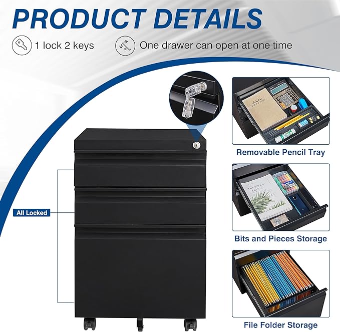 Fesbos 3 Drawer Mobile Metal File Cabinet, Pre-Built Office Storage File Cabinet - Image 6
