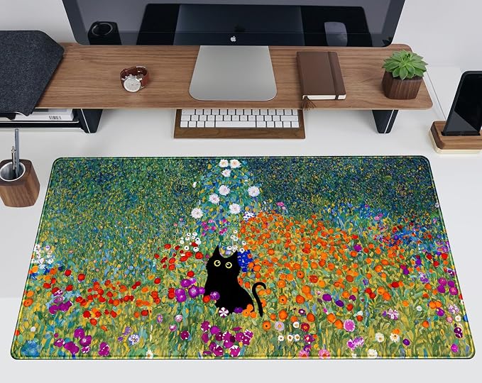 Desk Pad Cute Black Cat Oil Painting Art Floret Desk Mat Office Desk Decor - Image 5