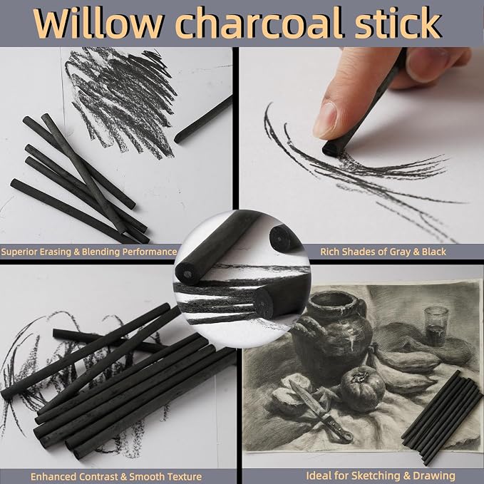 Trzzyan 25 PCS Willow Charcoal Sticks, and Fine Art, 5.7 Inches Long - Image 3