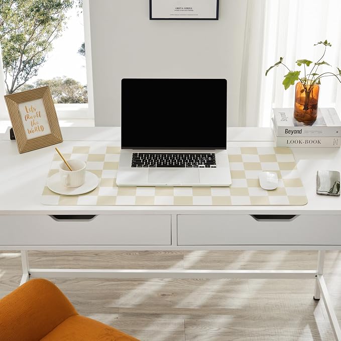 Ohocut Checkered Desk Mat, 31.5" x 15.7" Large Cute Beige Sand Aesthetic Retro - Image 3