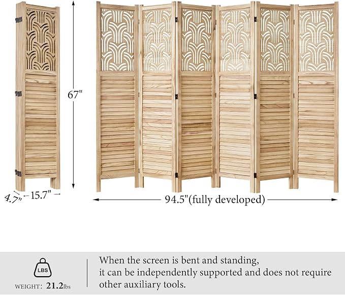Svimi Folding Room Divider, 66.9 Inch 6 Panels Wood Carved Privacy Screens - Image 7