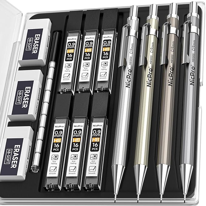 Nicpro 4 Pack Metal Mechanical Pencil Set 0.9mm, MB1000 Lead Drafting Pencil by Nicpro