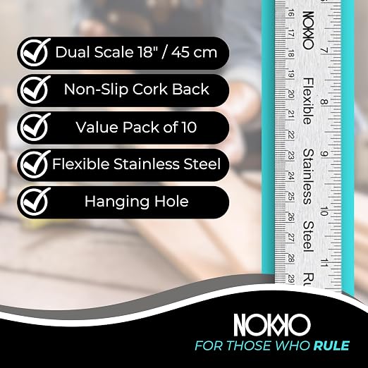 NOKKO 18 Inch Metal Ruler with Cork Backing, Non-Slip Backing - Image 2