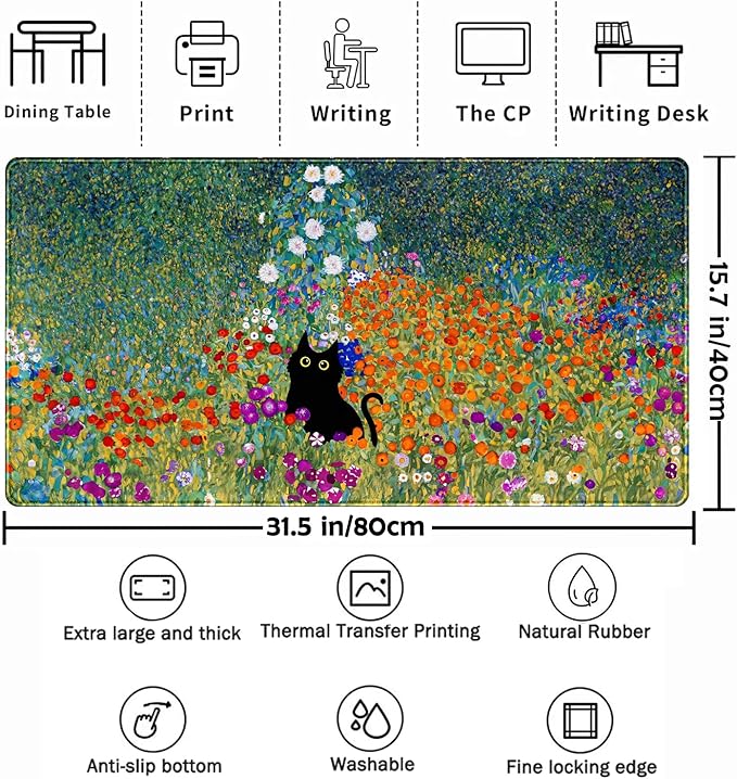Desk Pad Cute Black Cat Oil Painting Art Floret Desk Mat Office Desk Decor - Image 2