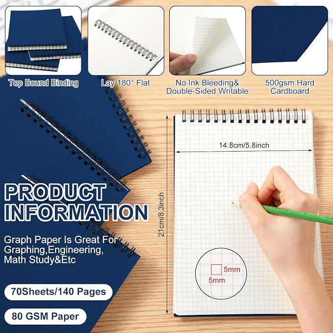 Engrowtic 2 Pack Graph Paper Spiral Notepad A5 Top Wirebound Notepad Grid - Image 2