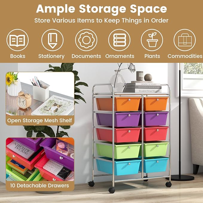 HAPPYGRILL 10-Drawer Rolling Storage Cart, Storage Organizer Cart - Image 3