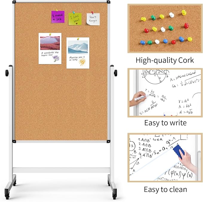 Double-Sided Corkboard Whiteboard, 32 x 48 Inches Dry Erase Board on Wheels - Image 4
