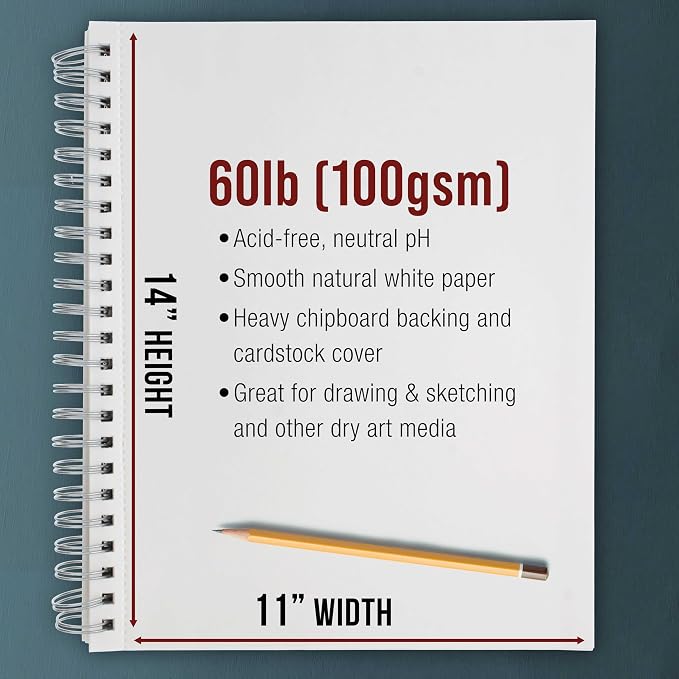 U.S. Art Supply 11"x14" Sketch Book Pad, 2 Pack, 60lb Spiral Bound - Image 3